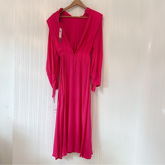 NEW! Farm Rio x Anthropologie Maxi/Midi Pink/ Long-Sleeve Cutout/Keyhole Satin - Picture 11 of 15